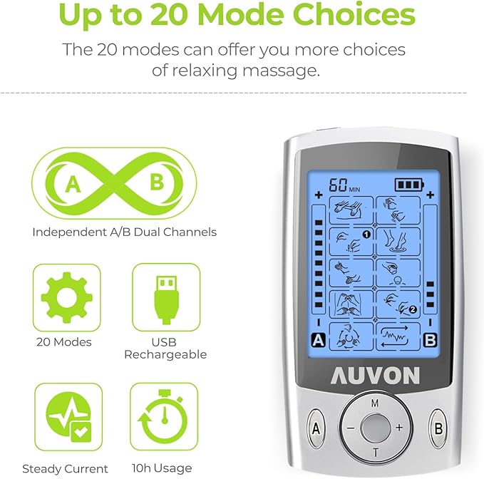 AUVON Dual Channel TENS Unit Muscle Stimulator Machine with 20 Modes, 2" and 2"x4" TENS Unit Electrode Pads Lady Lighthouse