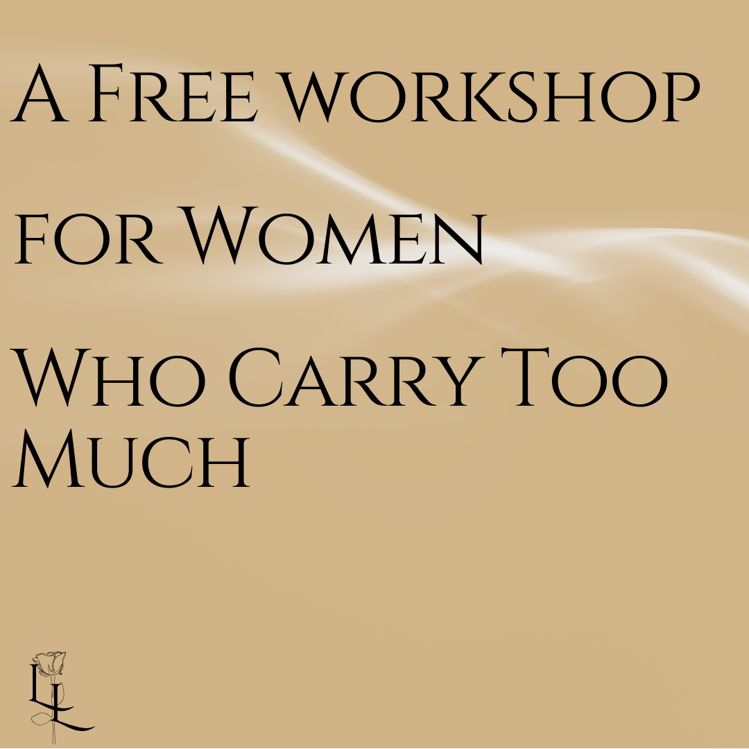 Text on a beige background advertising a free workshop for women who carry too much.