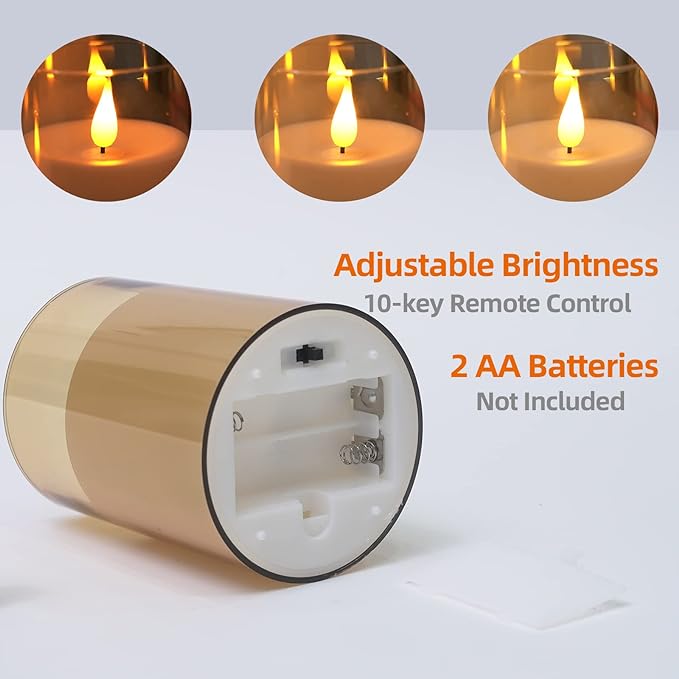 Amber LED Flameless Pillar Candles Battery Operated with Remote and Timer, Set of 5 Plexiglass LED Flickering Candles with 3D Flame Lady Lighthouse