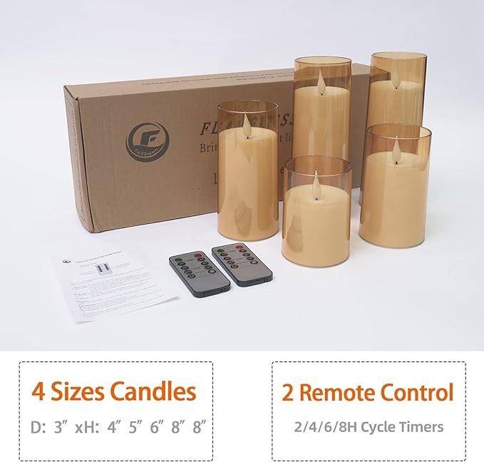 Amber LED Flameless Pillar Candles Battery Operated with Remote and Timer, Set of 5 Plexiglass LED Flickering Candles with 3D Flame Lady Lighthouse