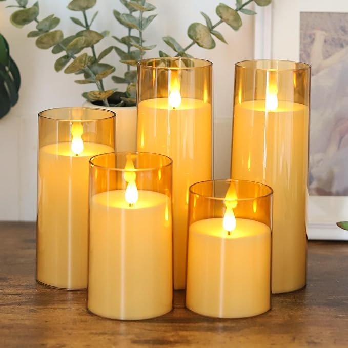 Amber LED Flameless Pillar Candles Battery Operated with Remote and Timer, Set of 5 Plexiglass LED Flickering Candles with 3D Flame Lady Lighthouse