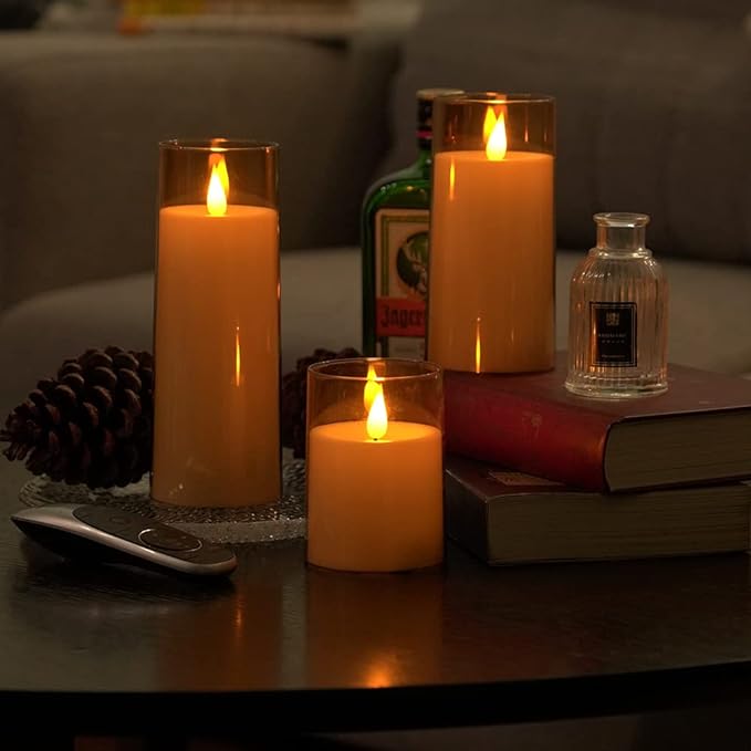 Amber LED Flameless Pillar Candles Battery Operated with Remote and Timer, Set of 5 Plexiglass LED Flickering Candles with 3D Flame Lady Lighthouse