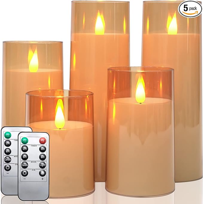 Amber LED Flameless Pillar Candles Battery Operated with Remote and Timer, Set of 5 Plexiglass LED Flickering Candles with 3D Flame Lady Lighthouse