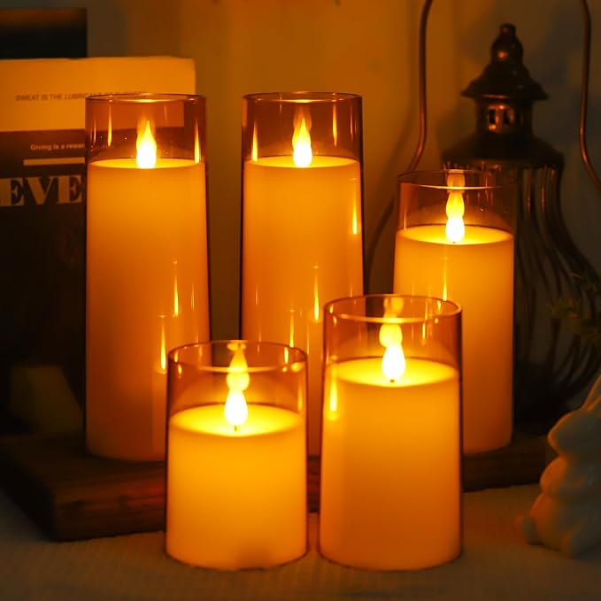 Amber LED Flameless Pillar Candles Battery Operated with Remote and Timer, Set of 5 Plexiglass LED Flickering Candles with 3D Flame Lady Lighthouse