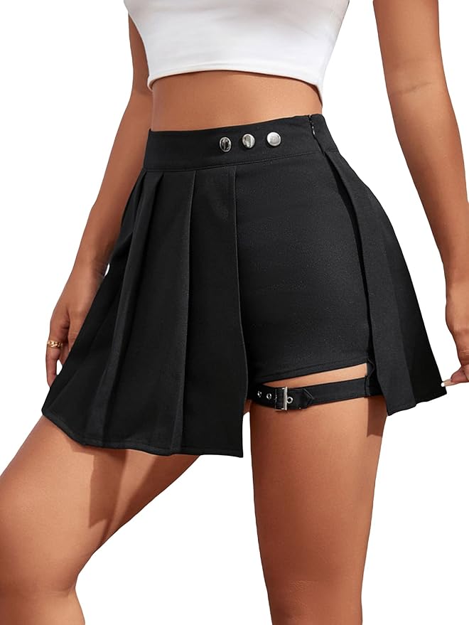 Women's High Waist Pleated Button Skort Asymmetrical Skirt Shorts Lady Lighthouse