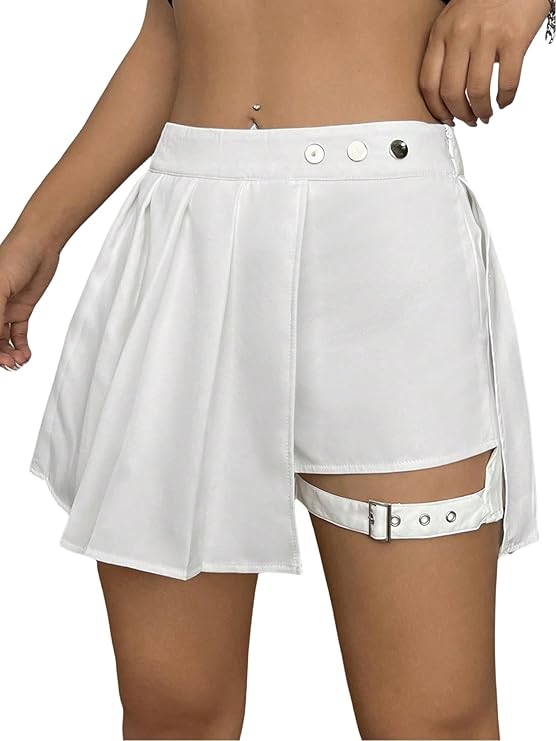 Women's High Waist Pleated Button Skort Asymmetrical Skirt Shorts Lady Lighthouse