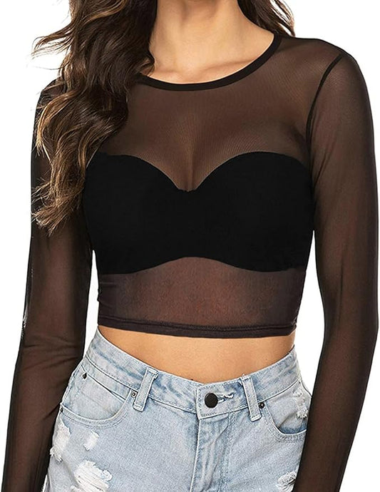 Women's Long Sleeve Sheer Mesh Crop Tops Tee Shirt Blouse Lady Lighthouse